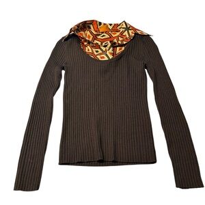 Tory Burch Size‎ XS Silk Collar Pullover Layered Sweater Brown Orange Retro Mod